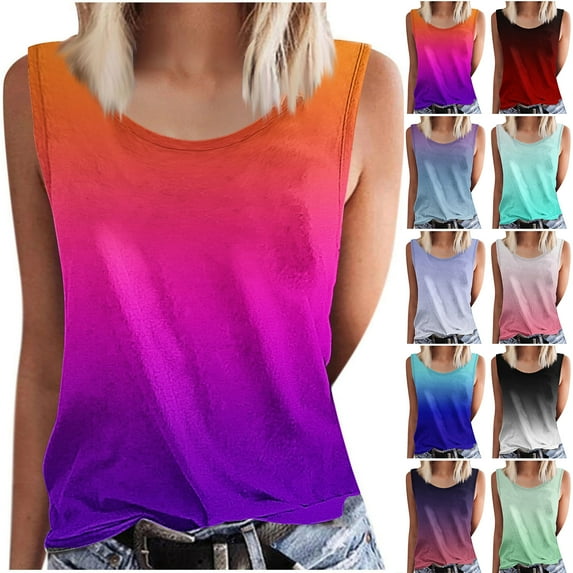 JTZGDY Women's Ombre Graphic Tank Top Loose Fit Crewneck Sleeveless Cami Basic Tees Trendy Summer Beach Vacation Top Shirt Red M