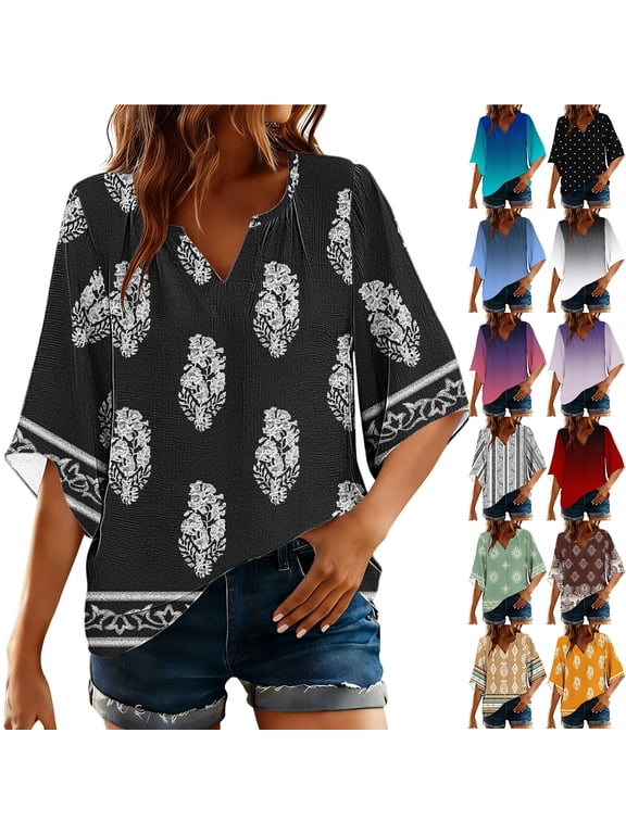 Women's Summer Chiffon Boho Tops Vintage Floral Printed Short Sleeve Casual V Neck Shirts Dressy Beach Vacation Blouse A-Coffee XL