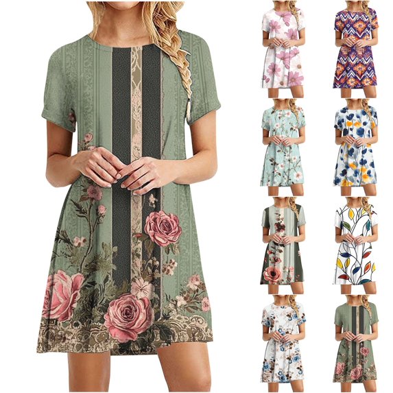 JTZGDY Women's Summer Dresses 2025 Beach Boho Floral Print Mini Sundress Short Sleeve Loose Casual Round Neck Graphic Short Tshirt Dress Green#02 XL