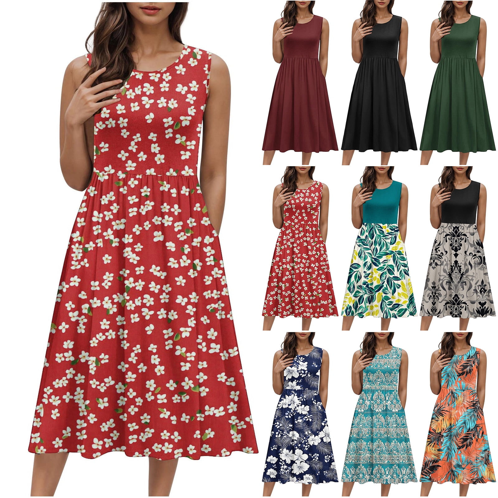 Sleeveless Tank Print Chiffon Summer Dress Waist Casual Midi Dress
