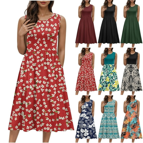 JTZGDY Women's Summer Tank Midi Dress with Pockets Loose Fit Casual Sleeveless A-Line Dress Crew Neck Floral T-Shirt Dress Flowy Beach Sundress Navy S