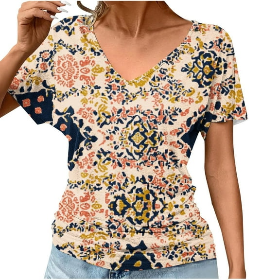 JTZGDY Women's Summer Tops Floral Pattern Printed Short Sleeve Dressy Chiffon Ruched Blouses Sexy V Neck Work Tunic Tops Casual Loose T-Shirts Khaki L