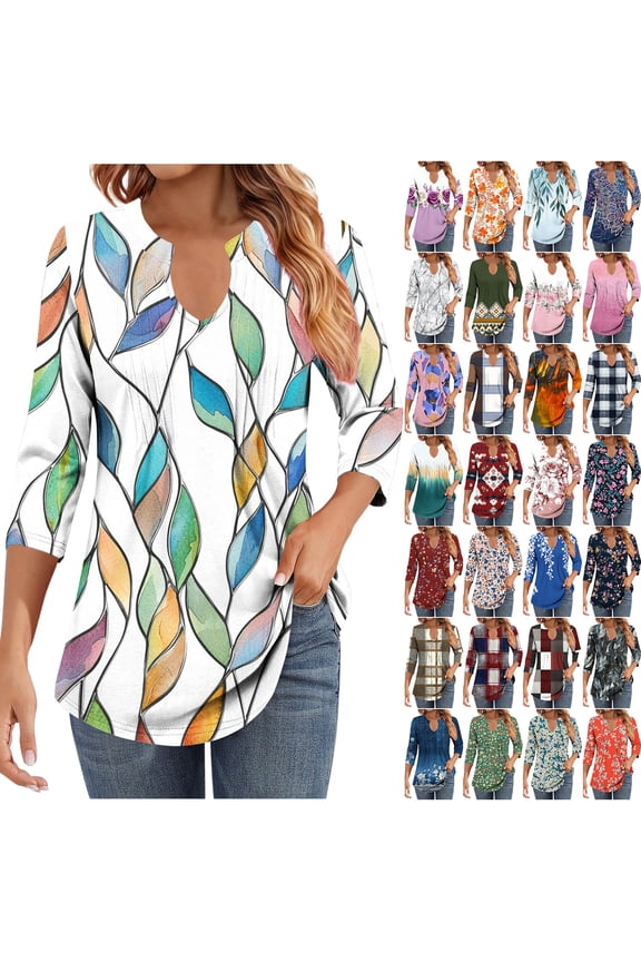 Womens 3/4 Sleeve Tops Dressy Casual Floral Printed Fall V Neck Outfit Graphic T-Shirts Trendy 2025 Basic Ruched Pleated Fall Tunic Blouse for Leggings Green#01 L