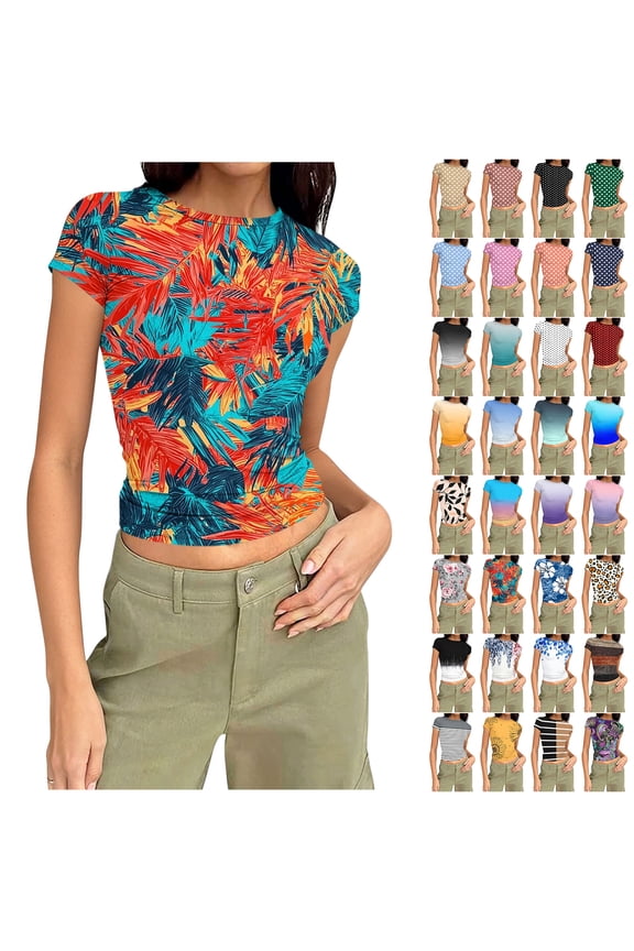 Womens Basic Cropped T Shirts Trendy Summer Polka Dot/Tie Dye/Floral Pattern Printed Short Sleeve Slim Fit Gym Workout Tees Shirt Cute Going Out Tops B-Green XXXL