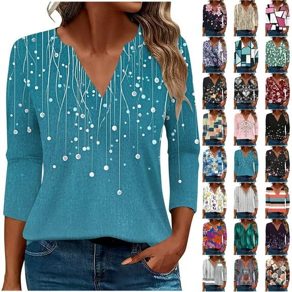 JTZGDY Womens Casual V Neck Tops Dressy Boho Floral Printed 3/4 Length Sleeve Graphic Tunic Tshirt Loose Oversized Comfy Pullover Blouse Black#06 S