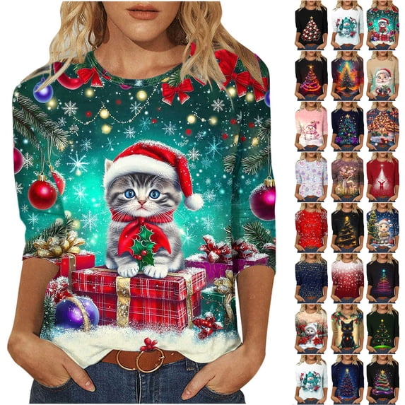 JTZGDY Womens Christmas Shirts Xmas Funny Printed Crew Neck 3/4 Length Sleeve Tops 2026 Festive Dressy Casual,Plus Size,Christmas Clothes for Women,Holiday Basic Tee,Tunic Tops Pullovers