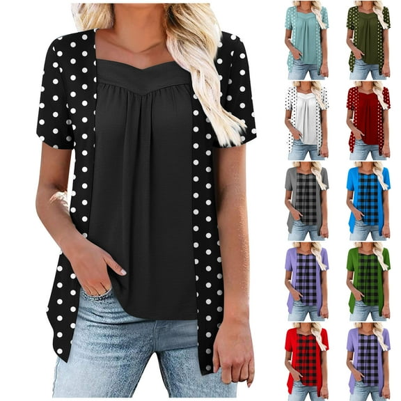 JTZGDY Womens Fake Two-Piece Plaid Ruched Blouse Sexy V Neck Ruched Pleated Layered T Shirts Summer Loose Flowy Dressy Casual Tunic Tops for Leggings to Hide Belly Blue L