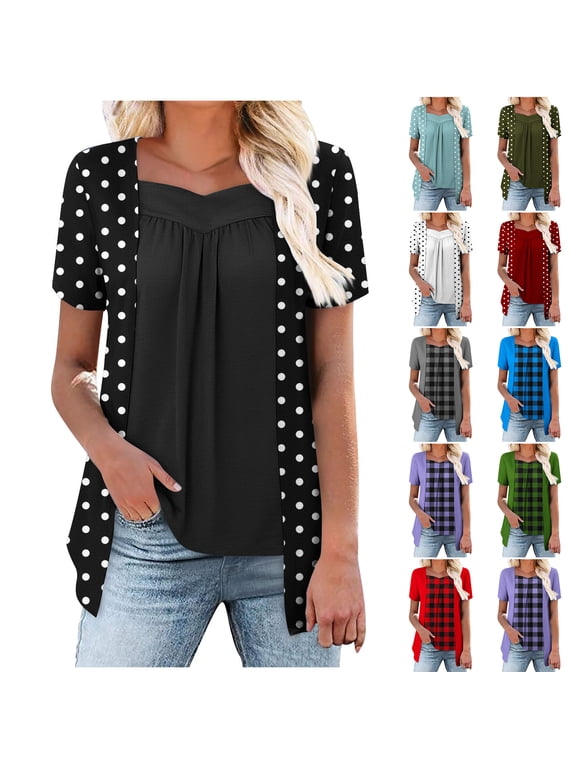 Womens Fake Two-Piece Plaid Ruched Blouse Sexy V Neck Ruched Pleated Layered T Shirts Summer Loose Flowy Dressy Casual Tunic Tops for Leggings to Hide Belly Blue XXL