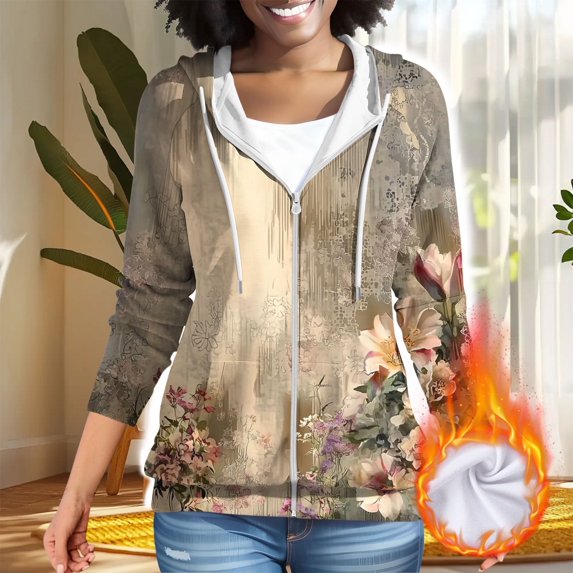 JTZGDY Womens Full-Zip Fleece Hoodie Sweatshirts Lightweight Casual Plaid/Floral/Color Block Print Drawstring Long Sleeve Hooded Ouwear Jackets with Pockets Fashion Outfit Clothes Brown#02 XXL