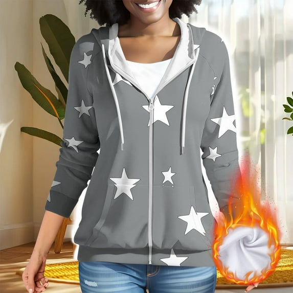 JTZGDY Womens Full-Zip Fleece Hoodie Sweatshirts Lightweight Casual Striped/Plaid/Floral/Color Block Print Drawstring Long Sleeve Hooded Ouwear Jackets with Pockets Fashion Outfit Clothes Gray#02 L