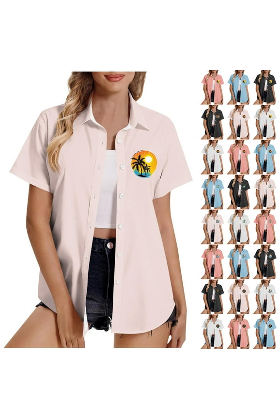 Womens Hawaiian Button Down Shirts Short Sleeve Casual Floral Tropical Palm Tree Graphic Shirt Summer Beach Vacation Collared T-Shirt Cool Button Up Tops Light Blue#04 XL