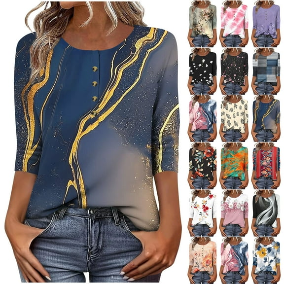 JTZGDY Womens Henley Shirts Vintage Floral Printed Summer 3/4 Length Sleeve Button Neckline Graphic T-Shirts Loose Dressy Casual Tunic Tees Tops Ladies Elegant Blouse Pink#01 XXXL