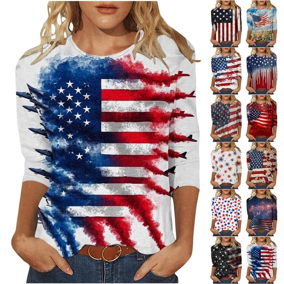 JTZGDY Womens Independence Day Tops Plus Size Dressy 3/4 Length Seleve American Flag Printed Crewneck Tunic Blouse Trendy Oversized Holiday Patriotic Shirts Multicolor#09 XXL