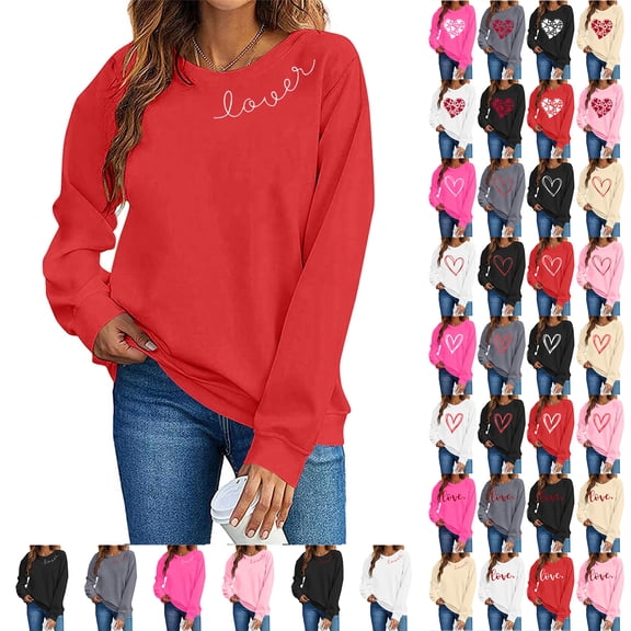 JTZGDY Womens Long Sleeve Heart Shirts Cute Long Sleeve Valentines Day Pullover Sweatshirts Tops Trendy Oversized Casual Graphic Holiday Tees Shirt D-Pink M