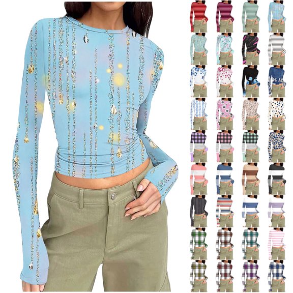 JTZGDY Womens Long Sleeve Shirts Slim Fit Basic Tees Striped/Floral/Color Block/Plaid Printed Crop Tops Going Out Spring 2025 Workout Outfits Y2k Clothes Red S