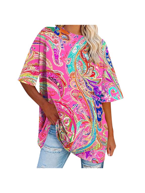 Womens Oversized T Shirts Cute Floral Printed Loose Fit Crewneck Short Sleeve Tops Summer Casual Beach Blouse Y2K 2025 Basic Graphic Tee Hot Pink M