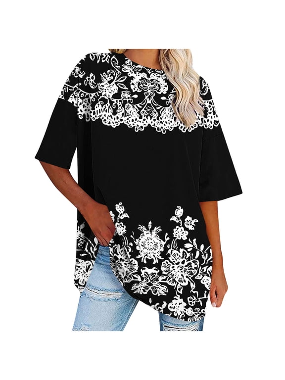 Womens Oversized T Shirts Cute Floral Printed Loose Fit Crewneck Short Sleeve Tops Summer Casual Beach Blouse Y2K 2025 Basic Graphic Tee White XXXXL
