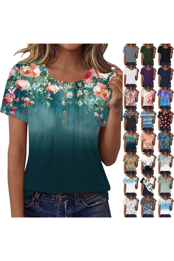 Womens Pleated Front Tunic Blouses Dressy Casual Summer Short Sleeve Button Neckline T-Shirts Cute Floral Printed Fashion Tshirt Tops B-Pink XXXL