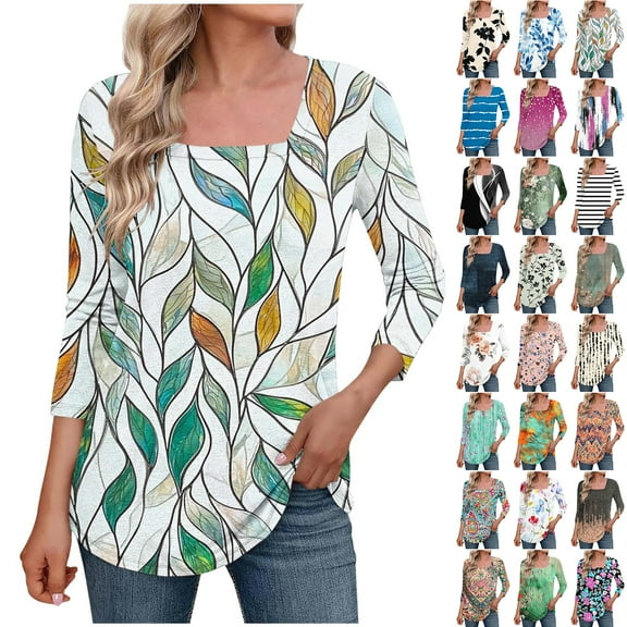 JTZGDY Womens Plus Size Tops Casual 3/4 Sleeve Shirts Square Neck Cute Summer Floral Tops Trendy Loose Blouses Soft Comfy Three Quarter Length Oversized Crewneck Tees Dark Gray XXXL