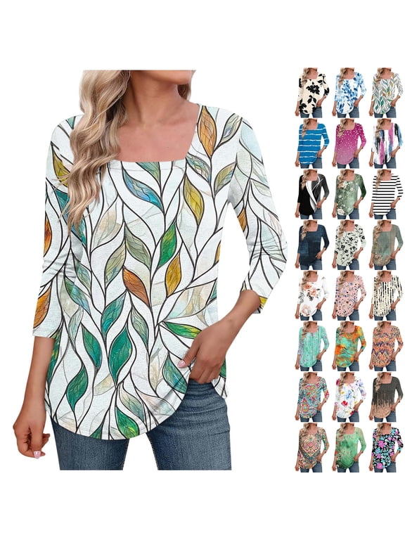 Womens Plus Size Tops Casual 3/4 Sleeve Shirts Square Neck Cute Summer Floral Tops Trendy Loose Blouses Soft Comfy Three Quarter Length Oversized Crewneck Tees Navy M