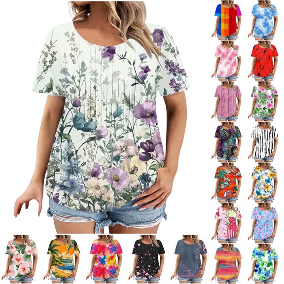 JTZGDY Womens Plus Size Tops Cute Short Sleeve Pleated T Shirts Dressy Casual Scooped Neck Loose Summer Floral Tunic Blouses for Leggings Multicolor#14 S