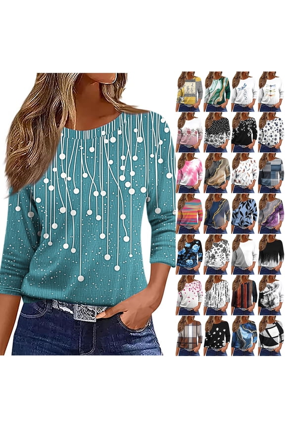 Womens Plus Size Tops Fashion Printed Fall 3/4 Length Sleeve Crewneck Graphic T-Shirts Loose Oversized Dressy Tunic Pullover Blouse Black#03 L