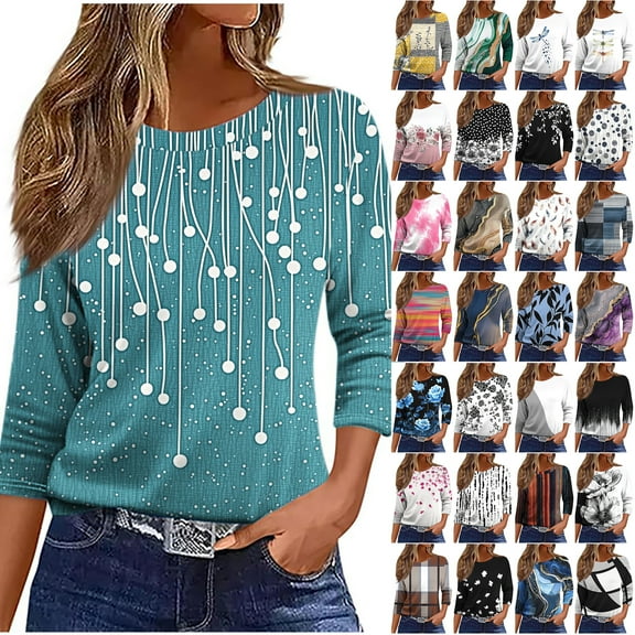 JTZGDY Womens Plus Size Tops Fashion Printed Fall 3/4 Length Sleeve Crewneck Graphic T-Shirts Loose Oversized Dressy Tunic Pullover Blouse Yellow XXXXXL