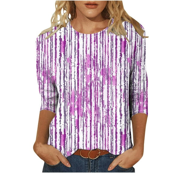 JTZGDY Womens Plus Size Tops Funny Striped Printed Summer 3/4 Sleeve T-Shirts Trendy Overszied Crewneck Basic Tunic Blouse Loose Fit Casual Graphic Tees Hot Pink XXXL