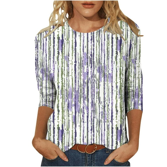 JTZGDY Womens Plus Size Tops Funny Striped Printed Summer 3/4 Sleeve T-Shirts Trendy Overszied Crewneck Basic Tunic Blouse Loose Fit Casual Graphic Tees Purple S