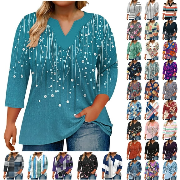 JTZGDY Womens Plus Size Tops Vintage Floral Printed 3/4 Length Sleeve V Neck Graphic T Shirt Loose Oversized Fit Casual Tunic Blouse Purple#03 L