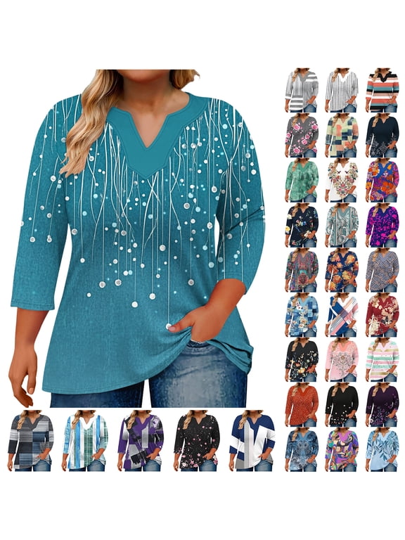 Womens Plus Size Tops Vintage Floral Printed 3/4 Length Sleeve V Neck Graphic T Shirt Loose Oversized Fit Casual Tunic Blouse Purple#03 XXXXL