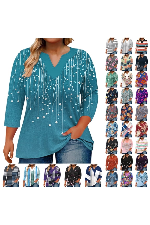 Womens Plus Size Tops Vintage Floral Printed 3/4 Length Sleeve V Neck Graphic T Shirt Loose Oversized Fit Casual Tunic Blouse Purple#03 XXXXL