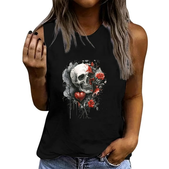 JTZGDY Womens Skeleton Tank Tops Funny Printed Summer Sleeveless Crewneck Graphic Vest Loose Fit Casual Workout Tees Shirt Black S