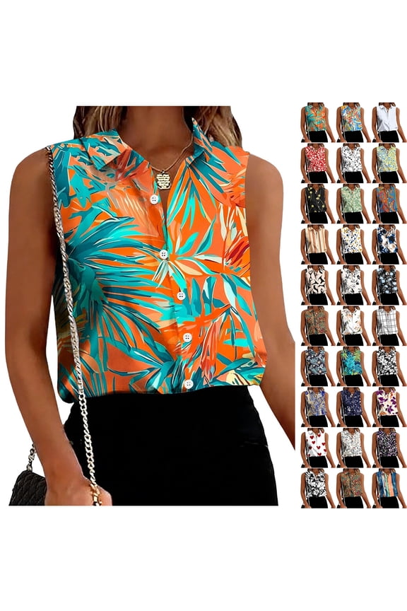 Womens Sleeveless Button Down Shirt Tops Vintage Floral Printed Summer Elegant Basic V Neck Business Casual Collared Tunic Blouses Beach Vacation Tank Top Multicolor#25 XL