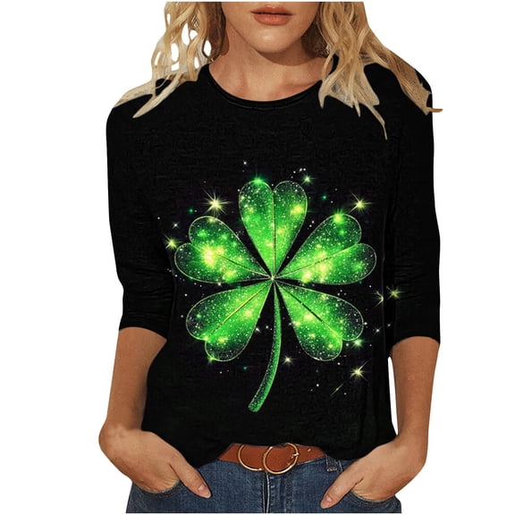 JTZGDY Womens St. Patrick's Day Green Shirts Cute Shamrock Pattern Print 3/4 Sleeve Crewneck Graphic T-Shirts Loose Oversized Dressy Casual Holiday Tunic Tees Blouses Green#08 XL