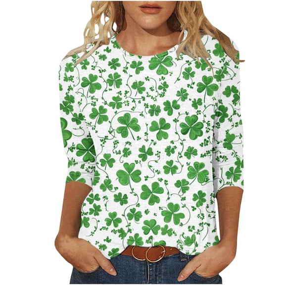 JTZGDY Womens St. Patrick's Day Green Shirts Cute Shamrock Pattern Print 3/4 Sleeve Crewneck Graphic T-Shirts Loose Oversized Dressy Casual Holiday Tunic Tees Blouses Green#26 M