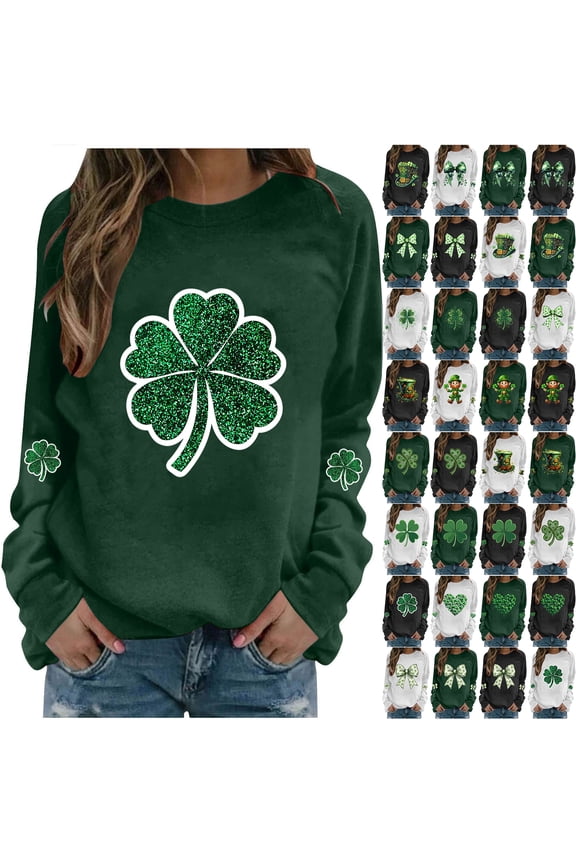 Womens St. Patrick's Day Sweatshirts Funny Green Shamrock Print Long Sleeve Crew Neck Graphic Holiday Tees Shirt Loose Oversized Casual Pullover Tops C-Green XXL