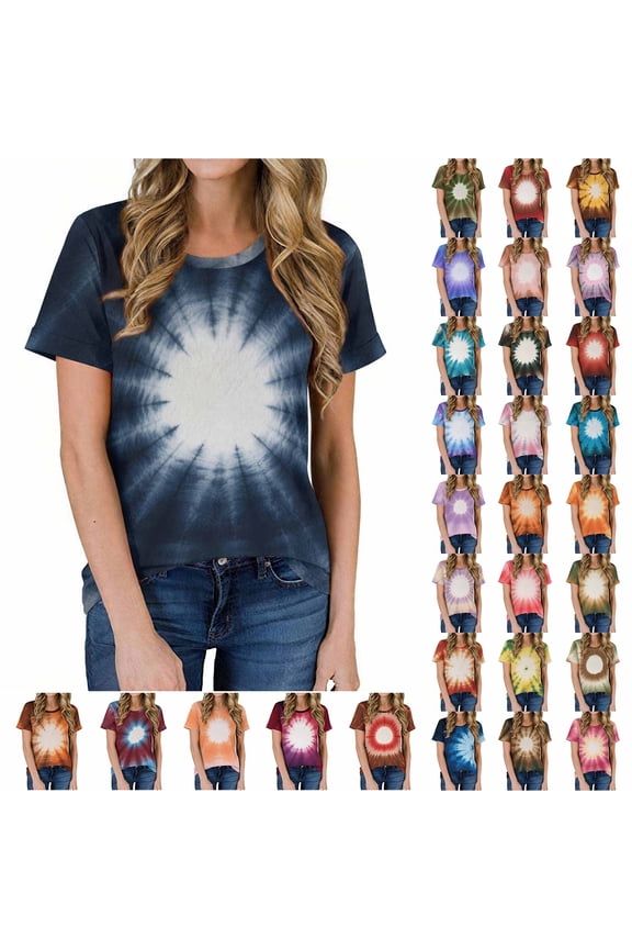 Womens Sublimation T Shirts Plus Size Tie Dye Bleached Tees Tops Short Sleeve Vintage Crew Neck Tshirts Funny Cute DIY Clothes Multicolor#11 L