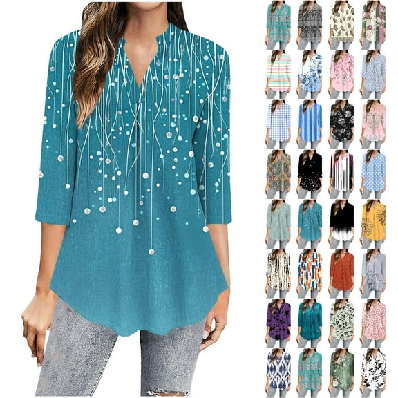 JTZGDY Womens Summer Chiffon Blouses Boho Floral Printed 3/4 Sleeve V Neck Casual Loose Work Tops for Leggings 2025 Flowy Dressy Vacation Tshirts Light Blue#02 XL