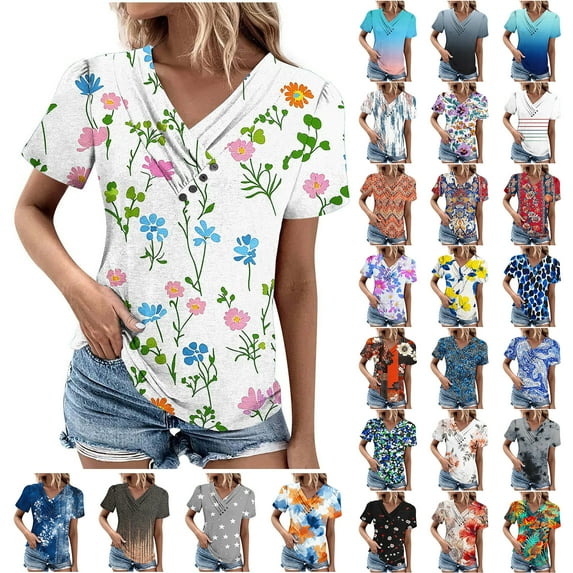 JTZGDY Womens Summer Short Sleeve T-Shirts Cute Floral Printed Button Wrap Cross V Neck Graphic Tunic Tops Trendy Business Work Blouse Orange#02 XXXL