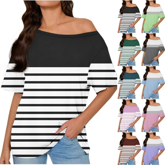 JTZGDY Womens Summer Off Shoulder Tops Loose Fit Casual Striped Color Block Printed Short Sleeve T Shirts One Shoulder Tops Trendy Sexy Cute Tunic Tee Black S