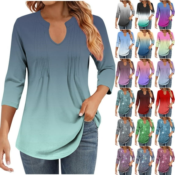 JTZGDY Womens T-Shirts Casual Tie Dye/Sparkly Printed 3/4 Length Sleeve V Neck Ruched Pleated Tunic Tops Loose Fit Dressy Pullover Blouse Green#01 XXL