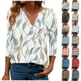 thumbnail image 1 of JTZGDY Womens T-Shirts Dressy Casual Floral Printed Fall 3/4 Length Sleeve V Neck Graphic Tunic Tees Loose Fit Pullover Tops Blue#01 XXL, 1 of 7