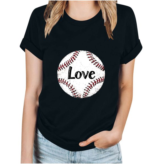 JTZGDY Womens T-Shirts Funny Baseball Love Printed Summer Short Sleeve Round Neck Pullover Tops Loose Fit Comfy Workout Tees Tunic Blouse Black S