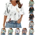 thumbnail image 1 of JTZGDY Womens Tops 3/4 Flared Sleeve Cute Floral Printed Summer V Neck Graphic Tunic T-Shirts Loose Irregular Hem Blouse Dressy Ruffle Top Green#01 S, 1 of 6