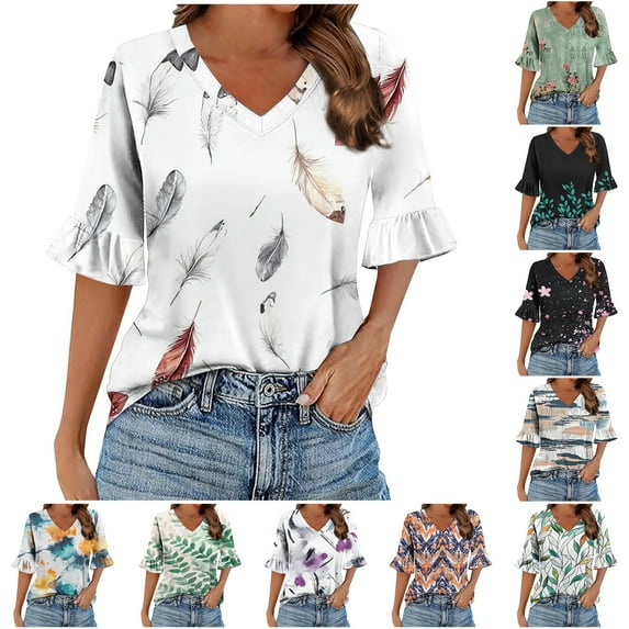 JTZGDY Womens Tops 3/4 Flared Sleeve Cute Floral Printed Summer V Neck Graphic Tunic T-Shirts Loose Irregular Hem Blouse Dressy Ruffle Top White S