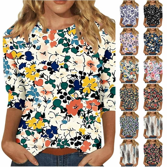 JTZGDY Womens Tops and Blouses Vintage Floral Printed Summer 3/4 Length Sleeve Crewneck Graphic T-Shirts Loose Fit Oversized Dressy Tunic Tees Multicolor#04 S