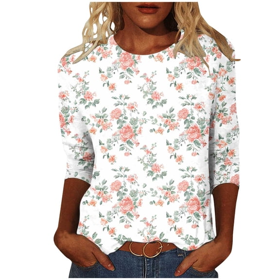 JTZGDY Womens Tops Cute Wildflower Printed Summer 3/4 Sleeve Crew Neck Basic Tunic T-Shirts Plus Size Dressy Casual Work Business Tees Blouse Multicolor#39 XXXXL