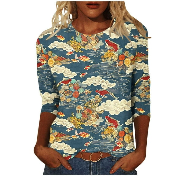JTZGDY Womens Tops Cute Wildflower Printed Summer 3/4 Sleeve Crew Neck Basic Tunic T-Shirts Plus Size Dressy Casual Work Business Tees Blouse Multicolor#05 XXXXL