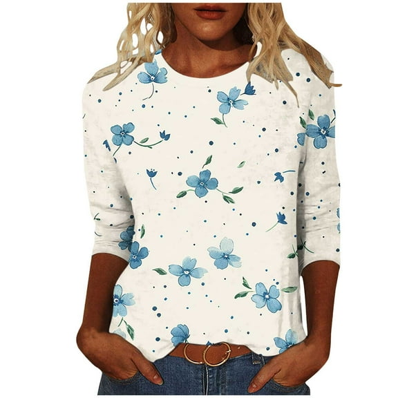 JTZGDY Womens Tops Cute Wildflower Printed Summer 3/4 Sleeve Crew Neck Basic Tunic T-Shirts Plus Size Dressy Casual Work Business Tees Blouse Multicolor#29 XXXXL